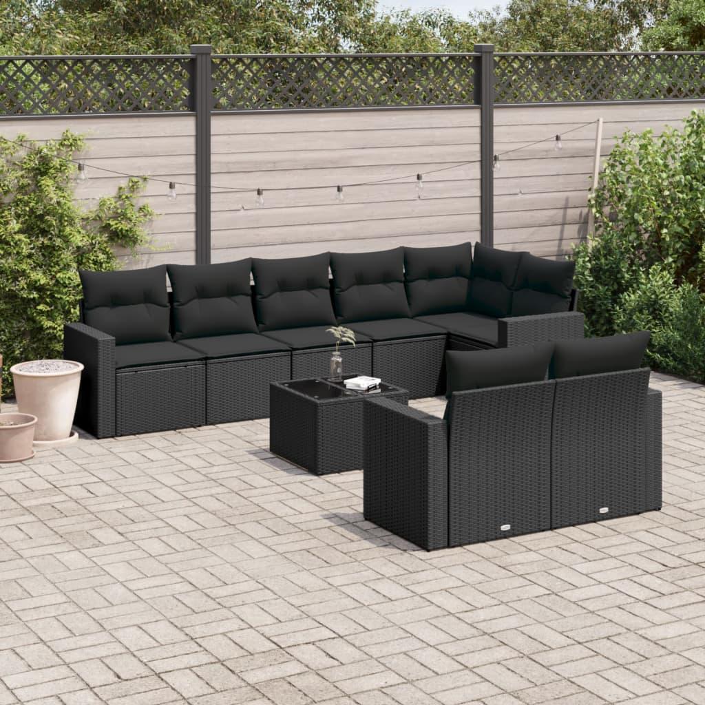 9 Piece Garden Sofa Set with Cushions Black Poly Rattan
