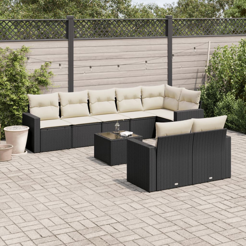 9 Piece Garden Sofa Set with Cushions Black Poly Rattan