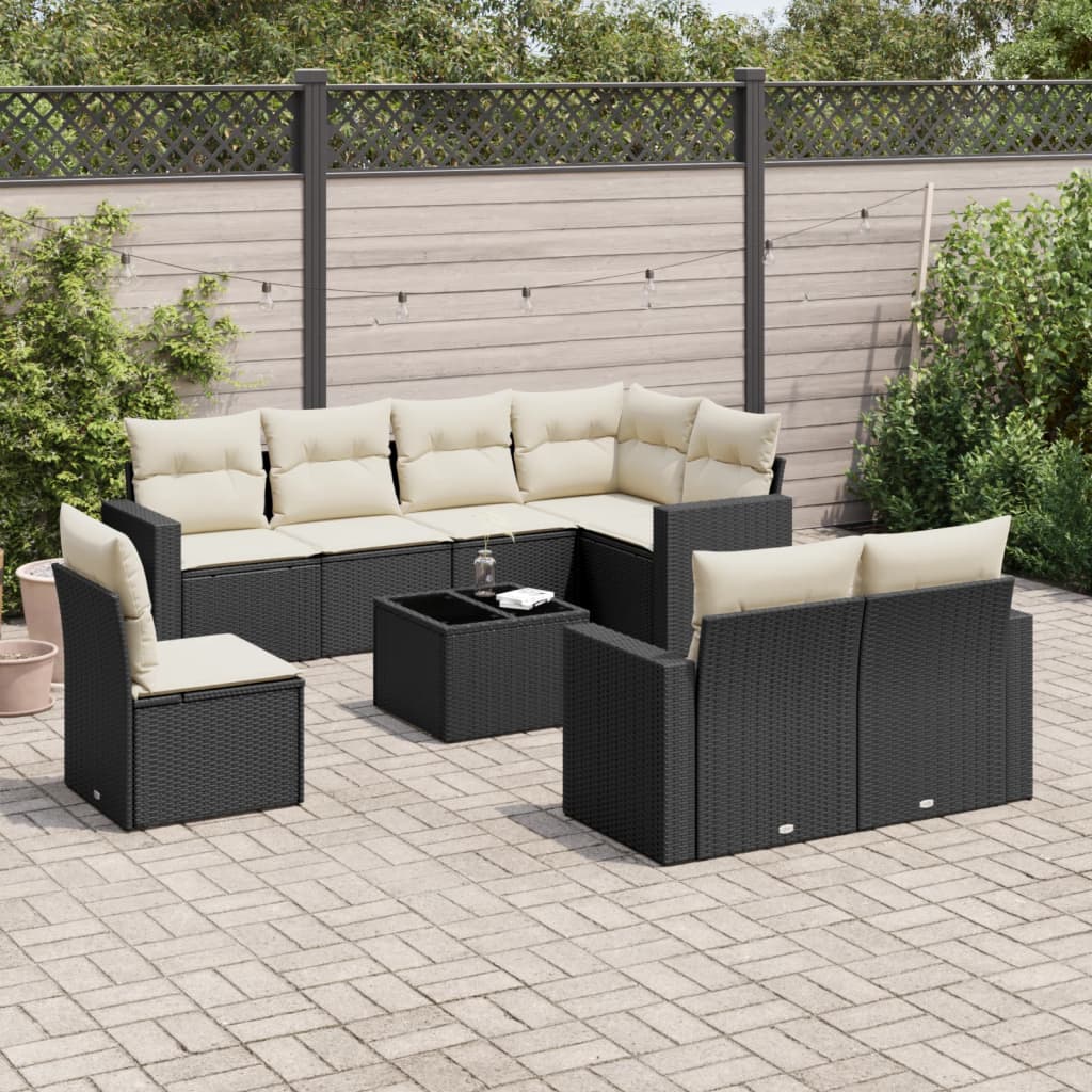 9 Piece Garden Sofa Set with Cushions Black Poly Rattan