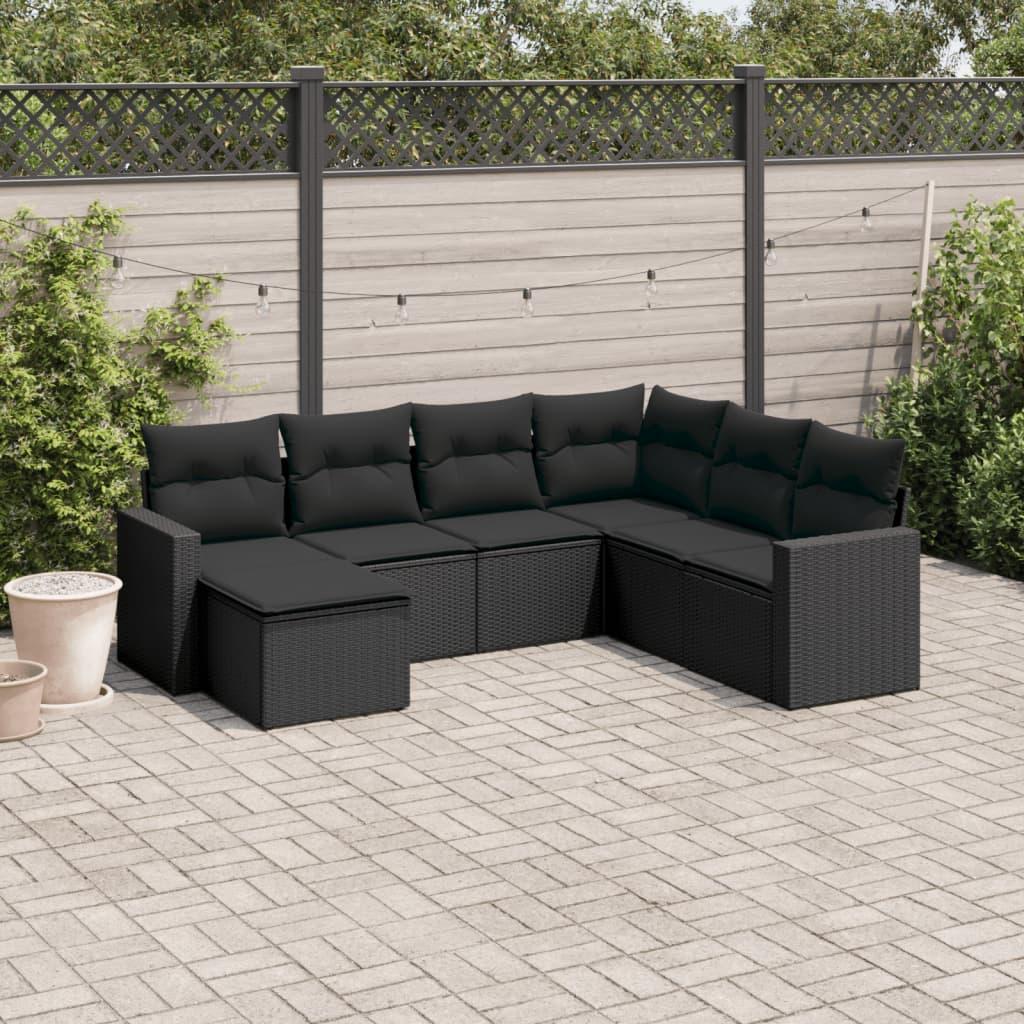 7 Piece Garden Sofa Set with Cushions Black Poly Rattan