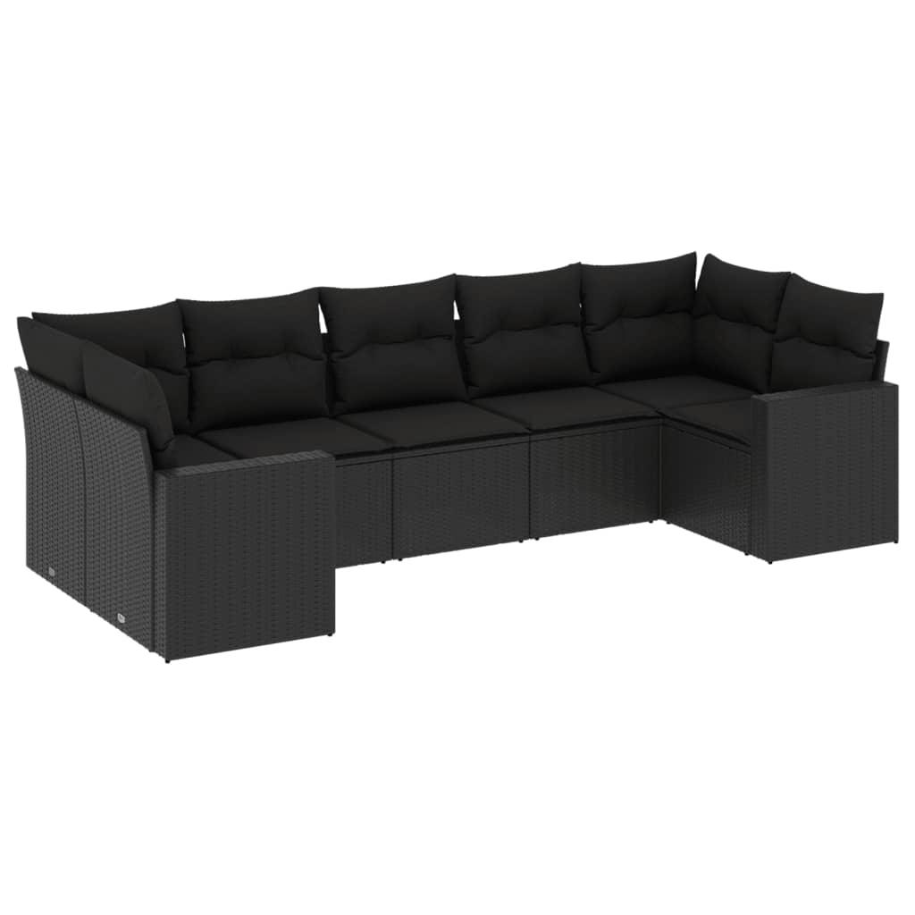 7 Piece Garden Sofa Set with Cushions Black Poly Rattan