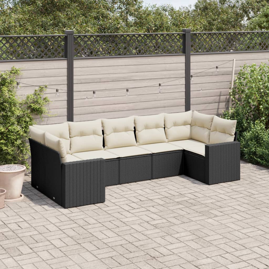 7 Piece Garden Sofa Set with Cushions Black Poly Rattan