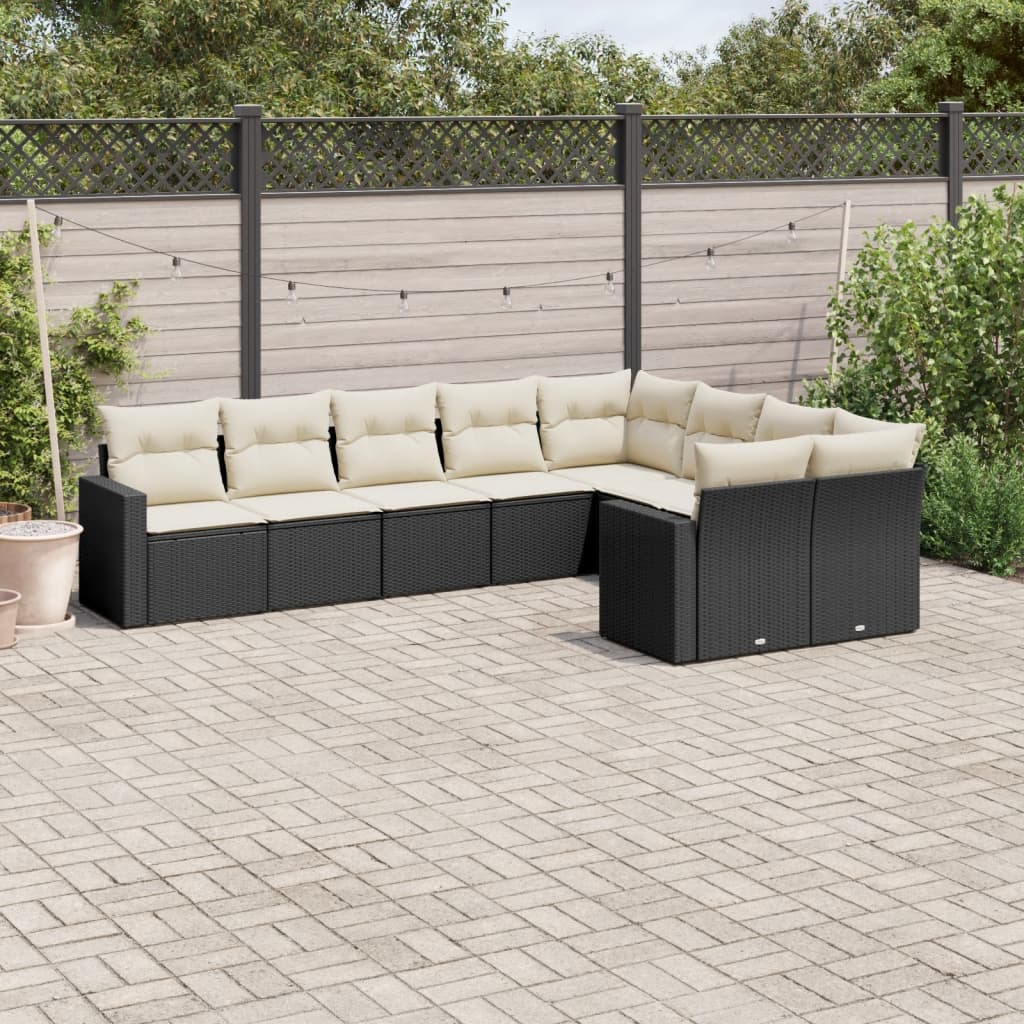 9 Piece Garden Sofa Set with Cushions Black Poly Rattan