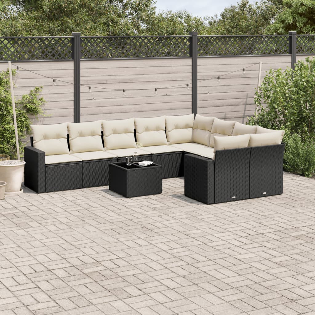 10 Piece Garden Sofa Set with Cushions Black Poly Rattan