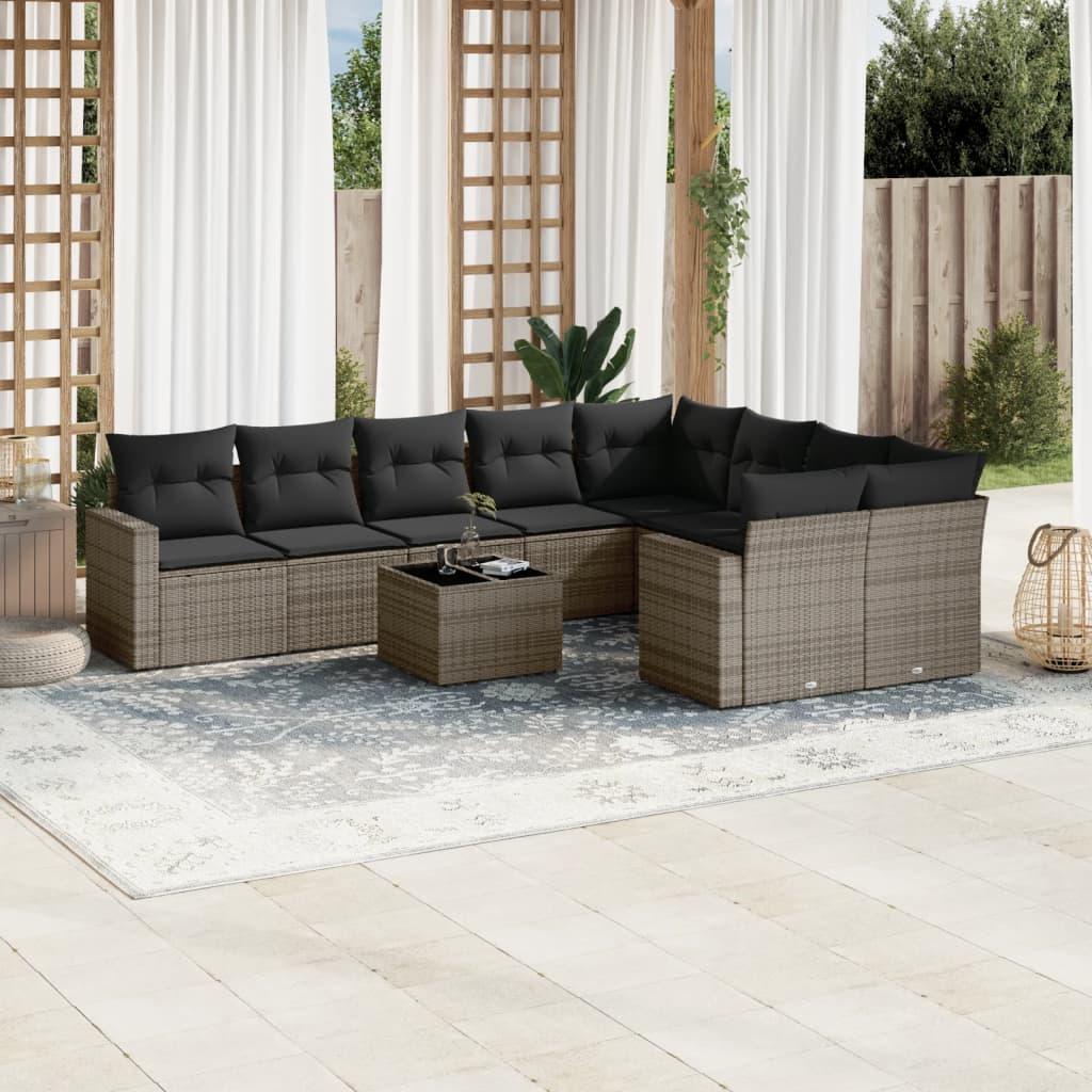 10 Piece Garden Sofa Set with Cushions Grey Poly Rattan