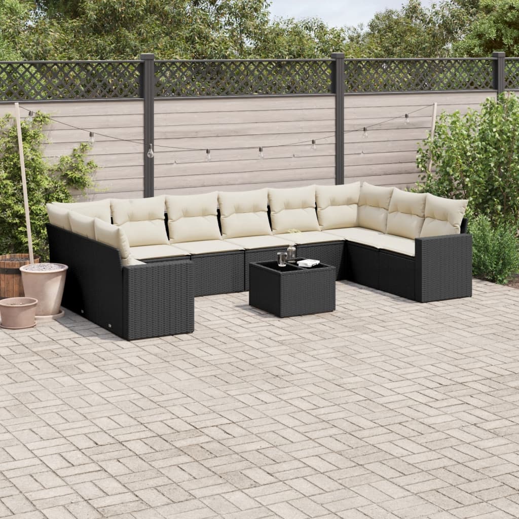 11 Piece Garden Sofa Set with Cushions Black Poly Rattan