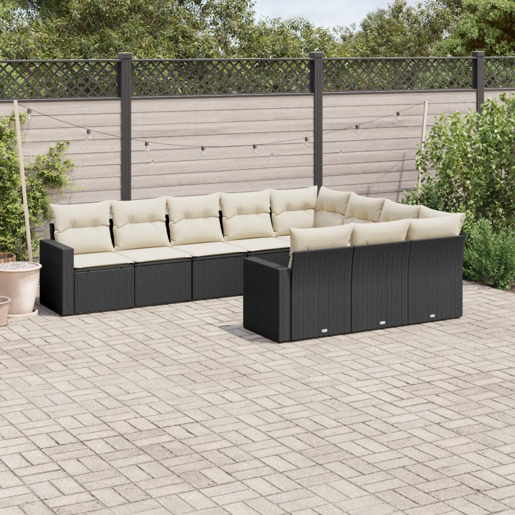 10 Piece Garden Sofa Set with Cushions Black Poly Rattan