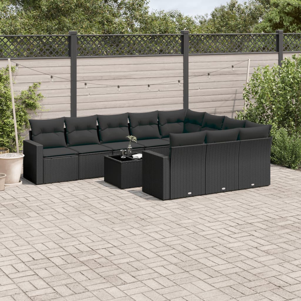 11 Piece Garden Sofa Set with Cushions Black Poly Rattan