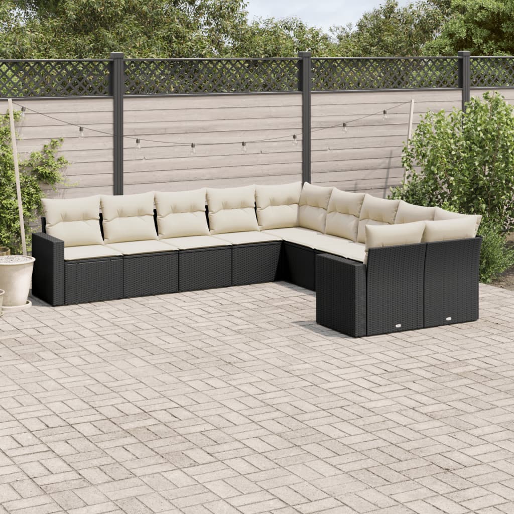 10 Piece Garden Sofa Set with Cushions Black Poly Rattan