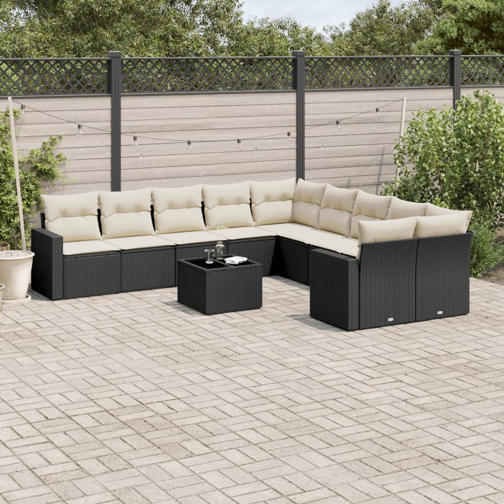 11 Piece Garden Sofa Set with Cushions Black Poly Rattan