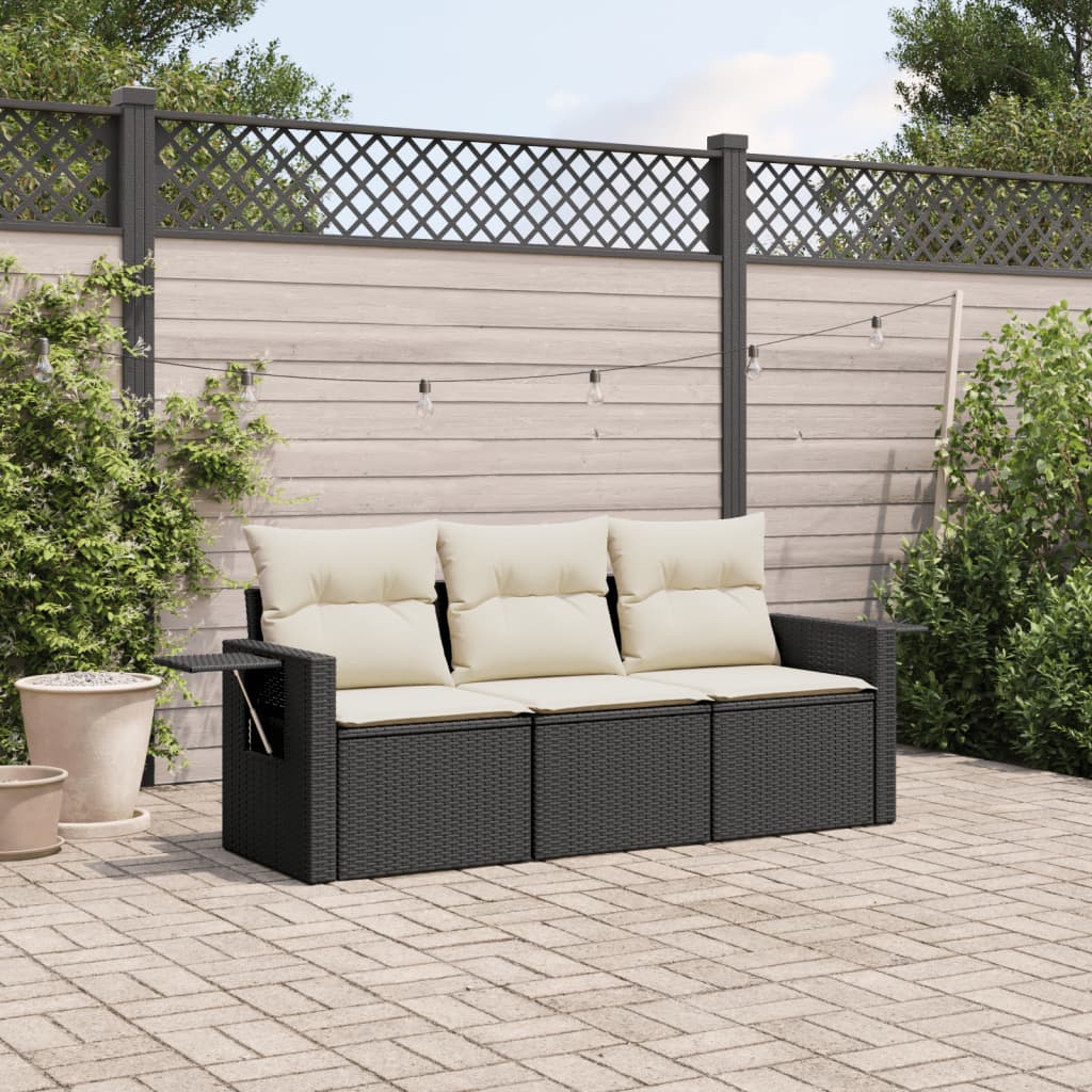 3 Piece Garden Sofa Set with Cushions Black Poly Rattan