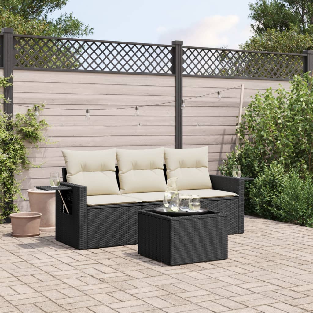 4 Piece Garden Sofa Set with Cushions Black Poly Rattan