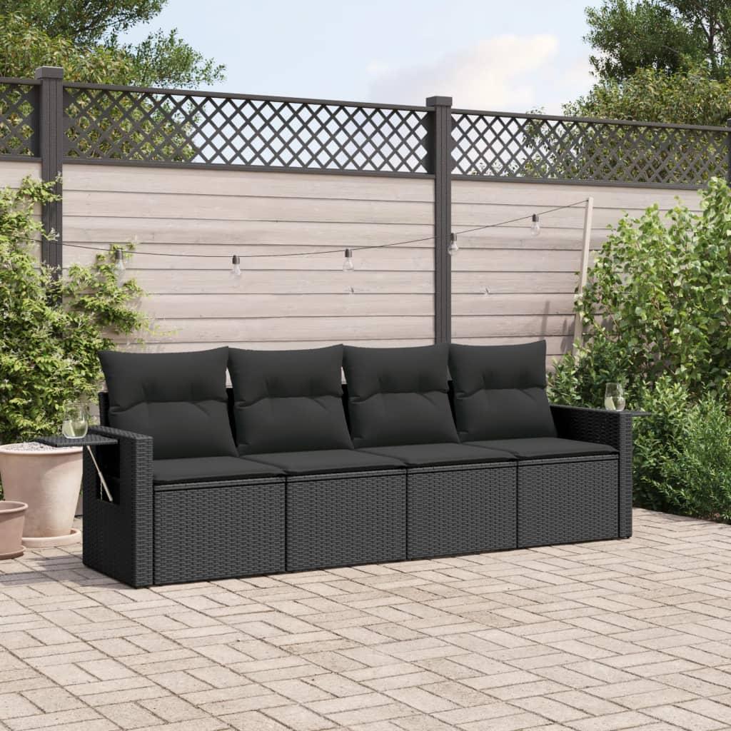 4 Piece Garden Sofa Set with Cushions Black Poly Rattan