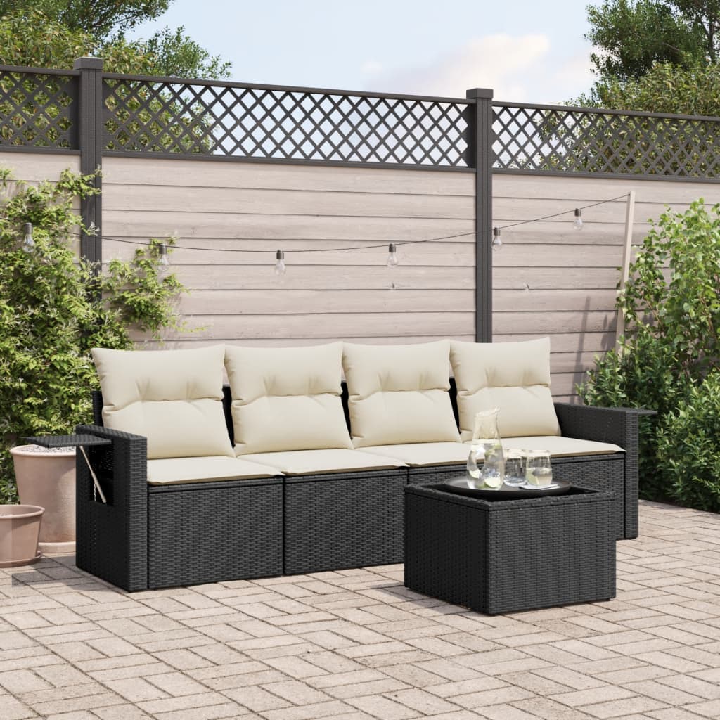 5 Piece Garden Sofa Set with Cushions Black Poly Rattan