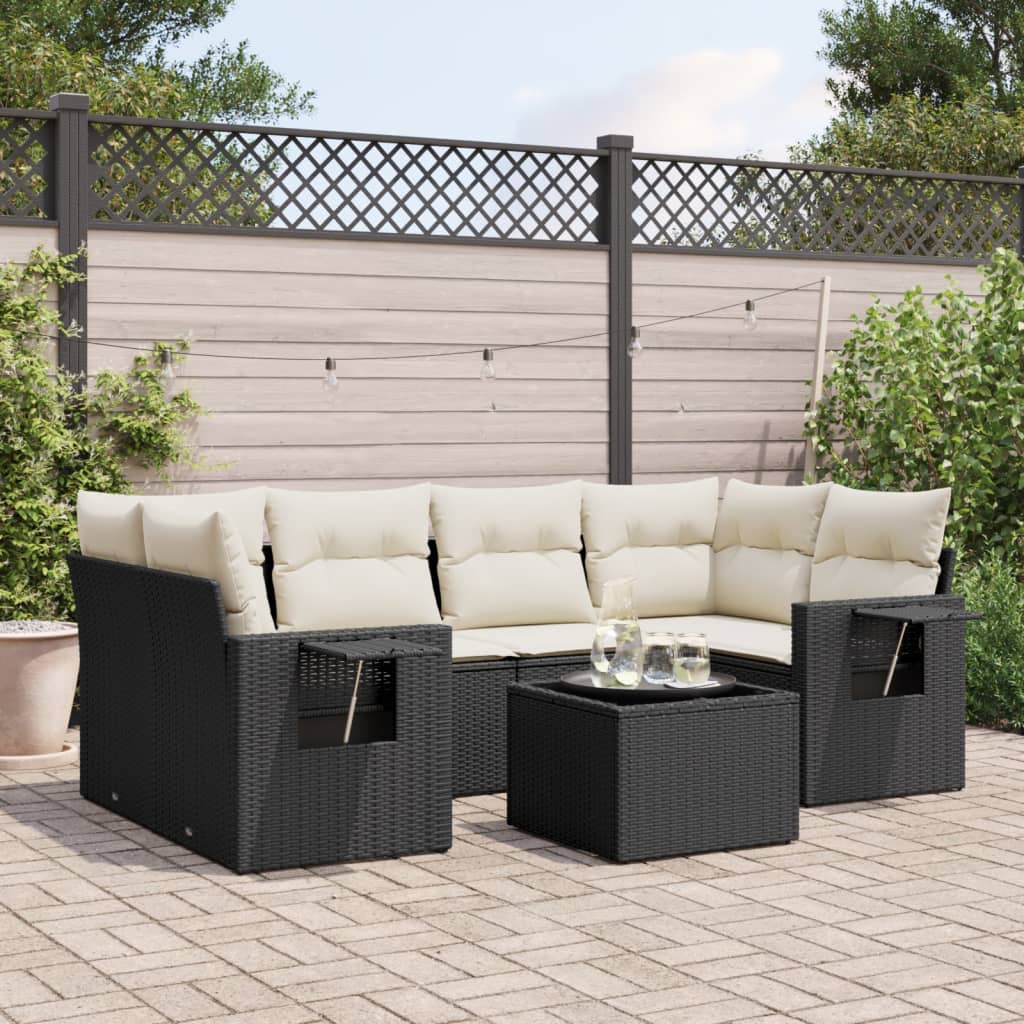 7 Piece Garden Sofa Set with Cushions Black Poly Rattan