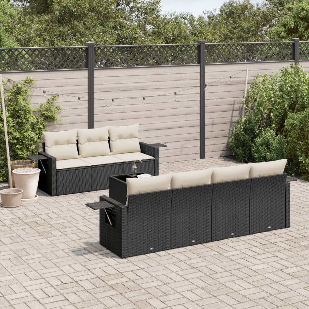 8 Piece Garden Sofa Set with Cushions Black Poly Rattan