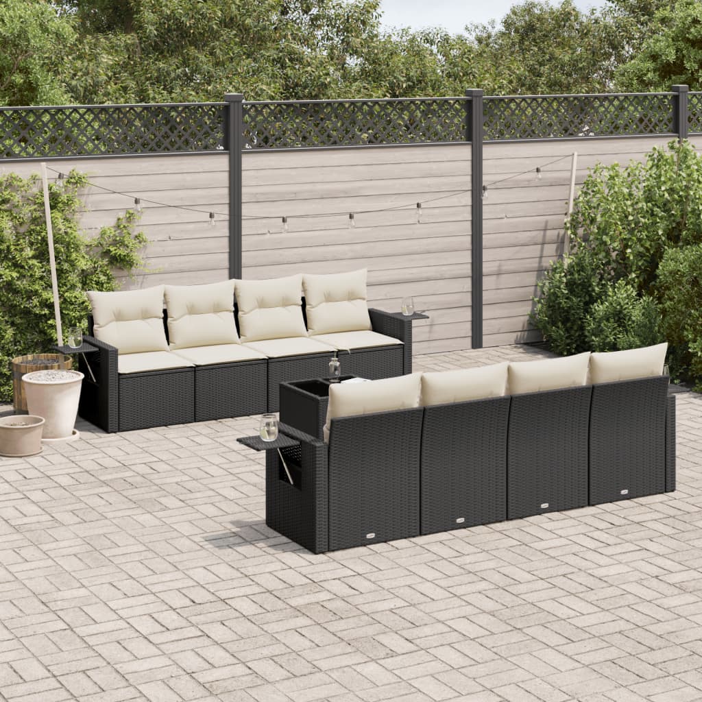 9 Piece Garden Sofa Set with Cushions Black Poly Rattan