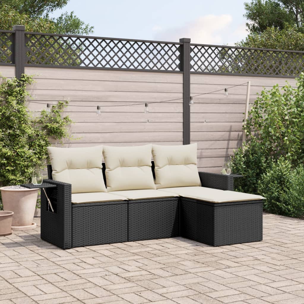 4 Piece Garden Sofa Set with Cushions Black Poly Rattan