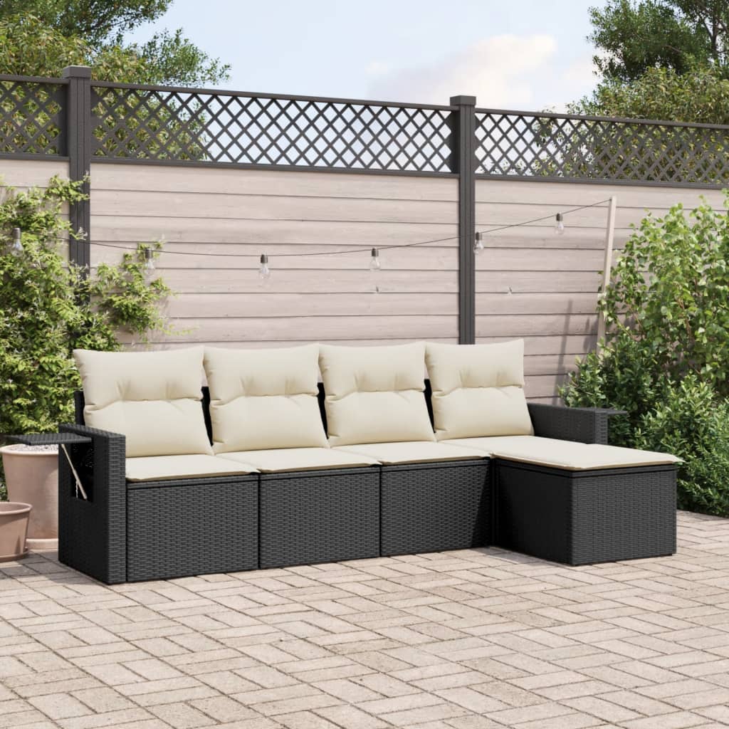 5 Piece Garden Sofa Set with Cushions Black Poly Rattan