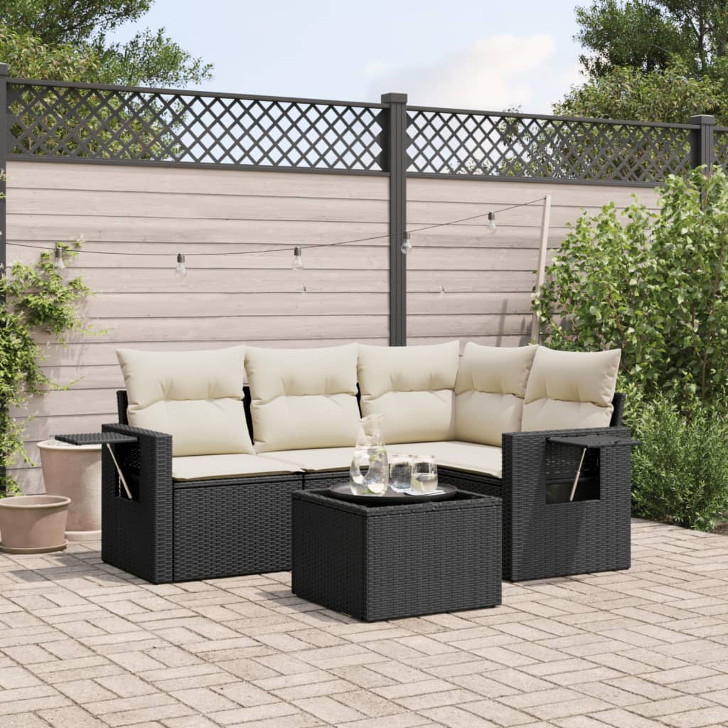 5 Piece Garden Sofa Set with Cushions Black Poly Rattan