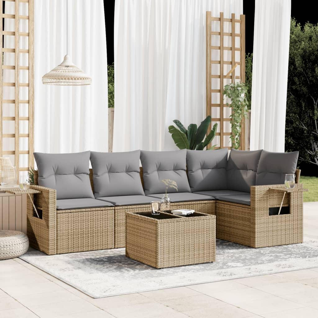 6 Piece Garden Sofa Set with Cushions Beige Poly Rattan