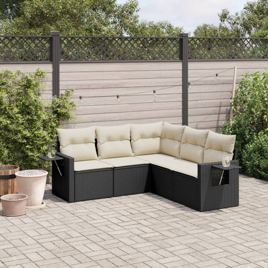 5 Piece Garden Sofa Set with Cushions Black Poly Rattan