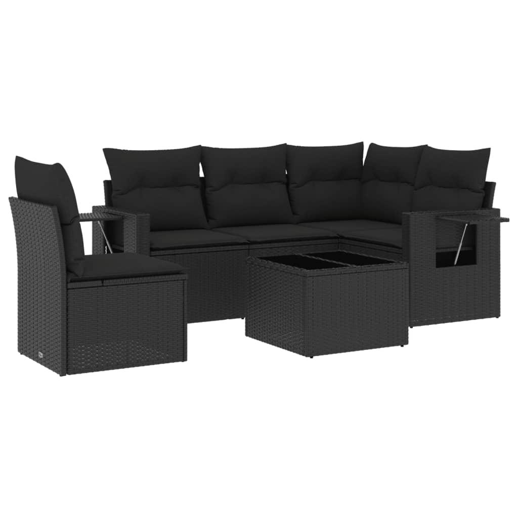 6 Piece Garden Sofa Set with Cushions Black Poly Rattan