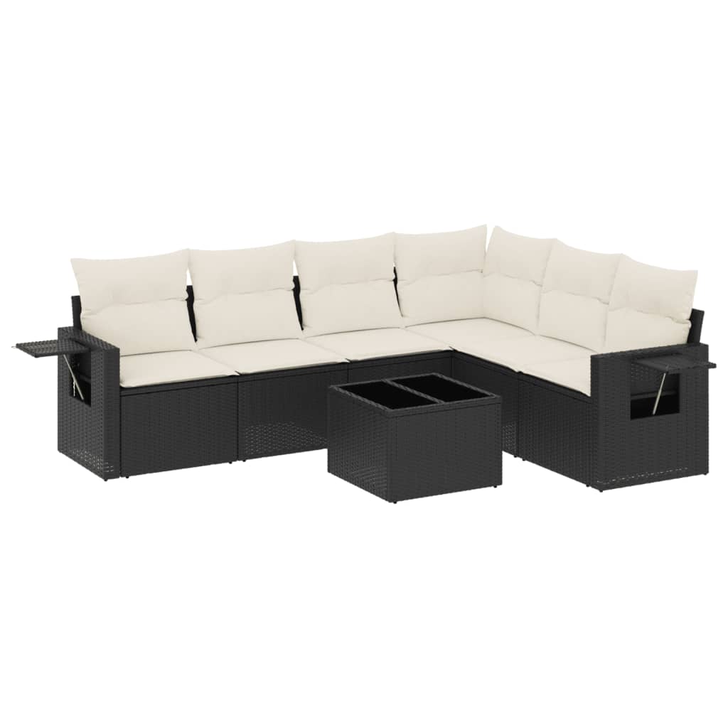 7 Piece Garden Sofa Set with Cushions Black Poly Rattan