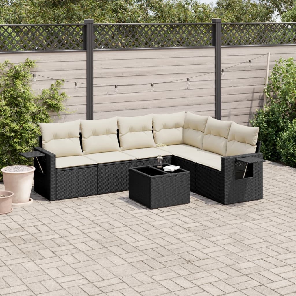 7 Piece Garden Sofa Set with Cushions Black Poly Rattan