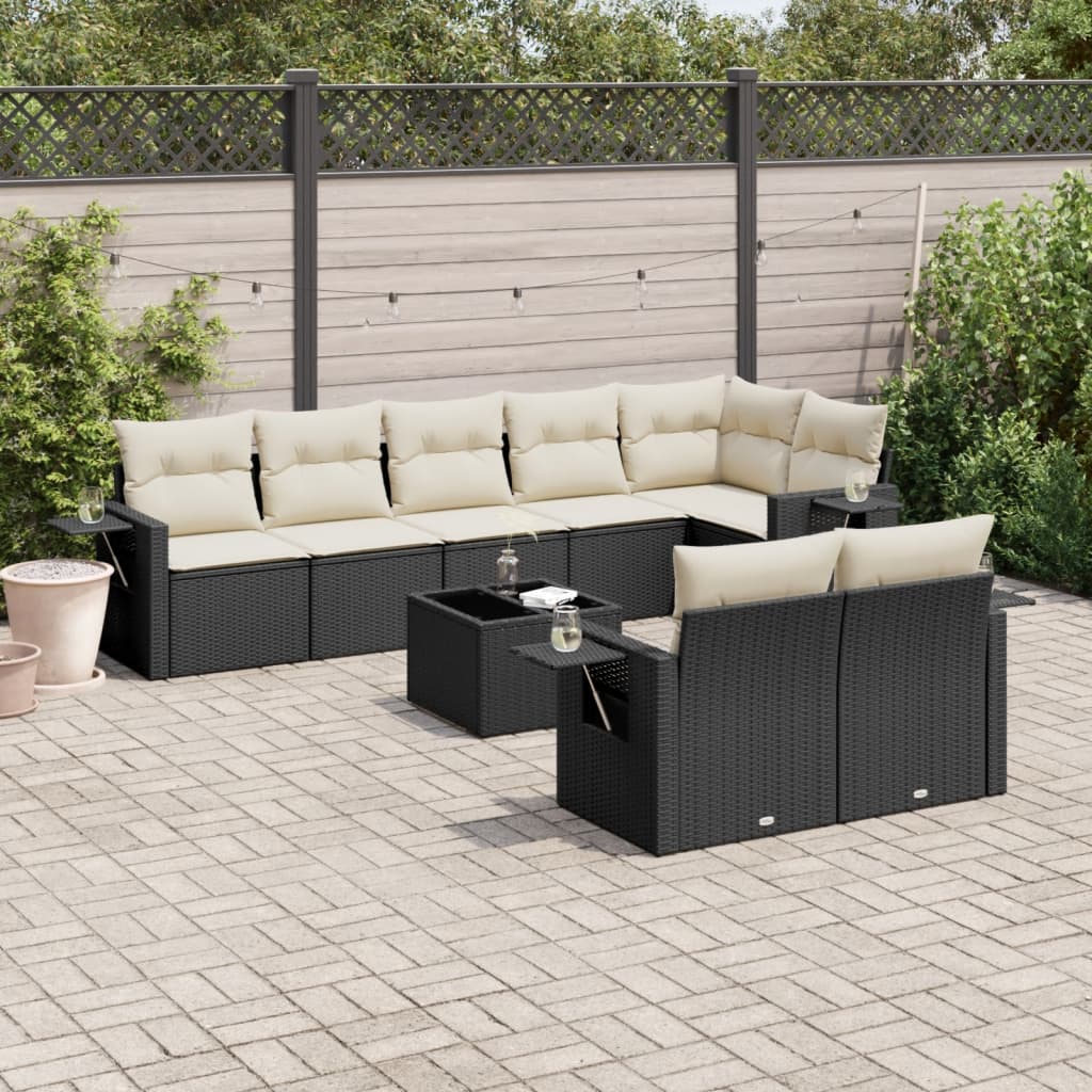 9 Piece Garden Sofa Set with Cushions Black Poly Rattan