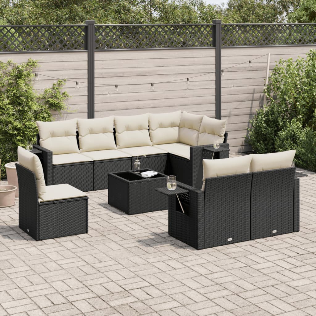 9 Piece Garden Sofa Set with Cushions Black Poly Rattan