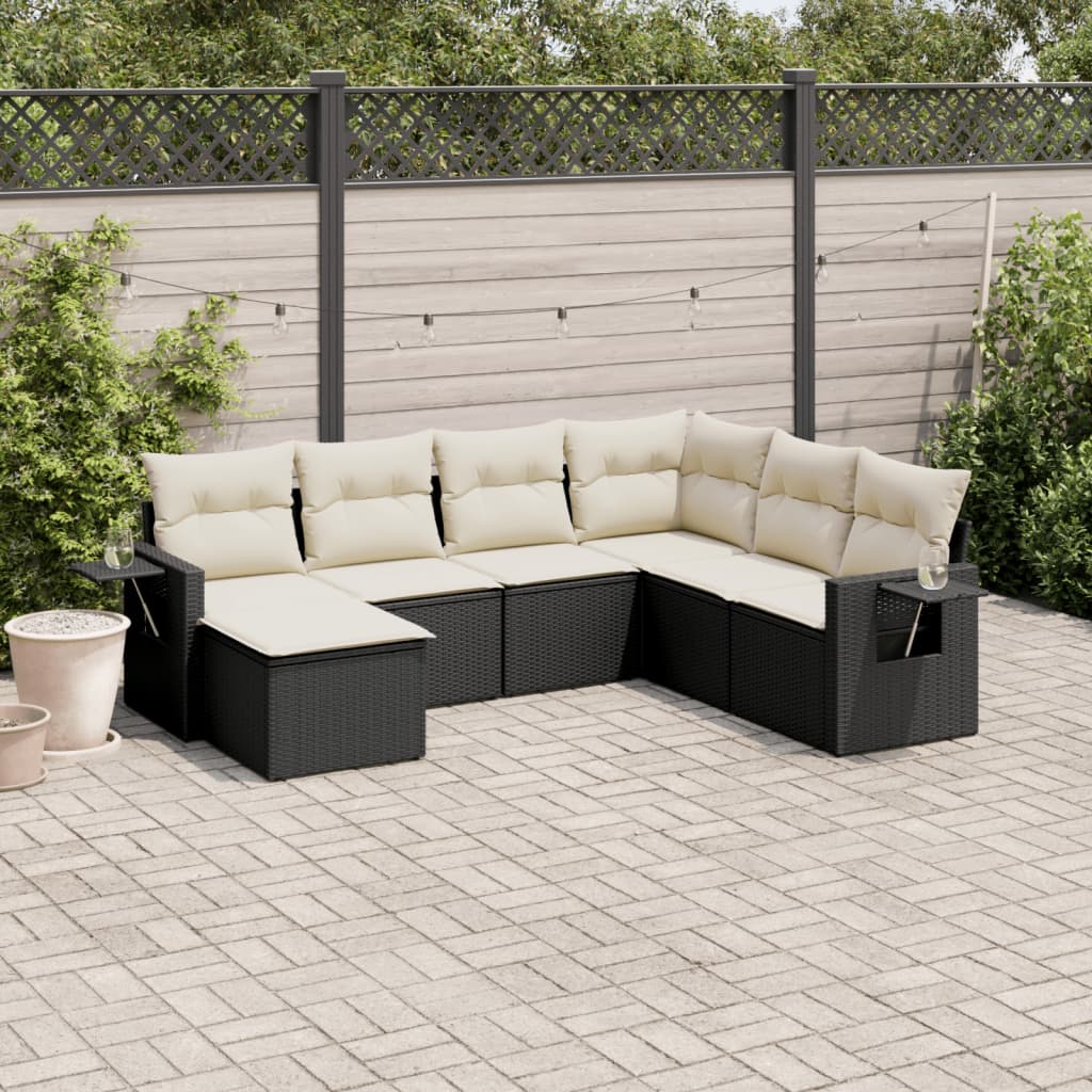 7 Piece Garden Sofa Set with Cushions Black Poly Rattan