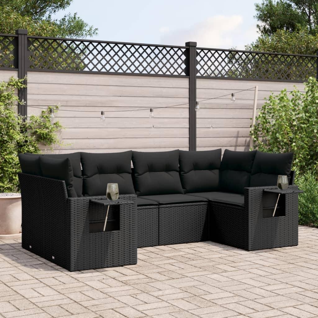 6 Piece Garden Sofa Set with Cushions Black Poly Rattan