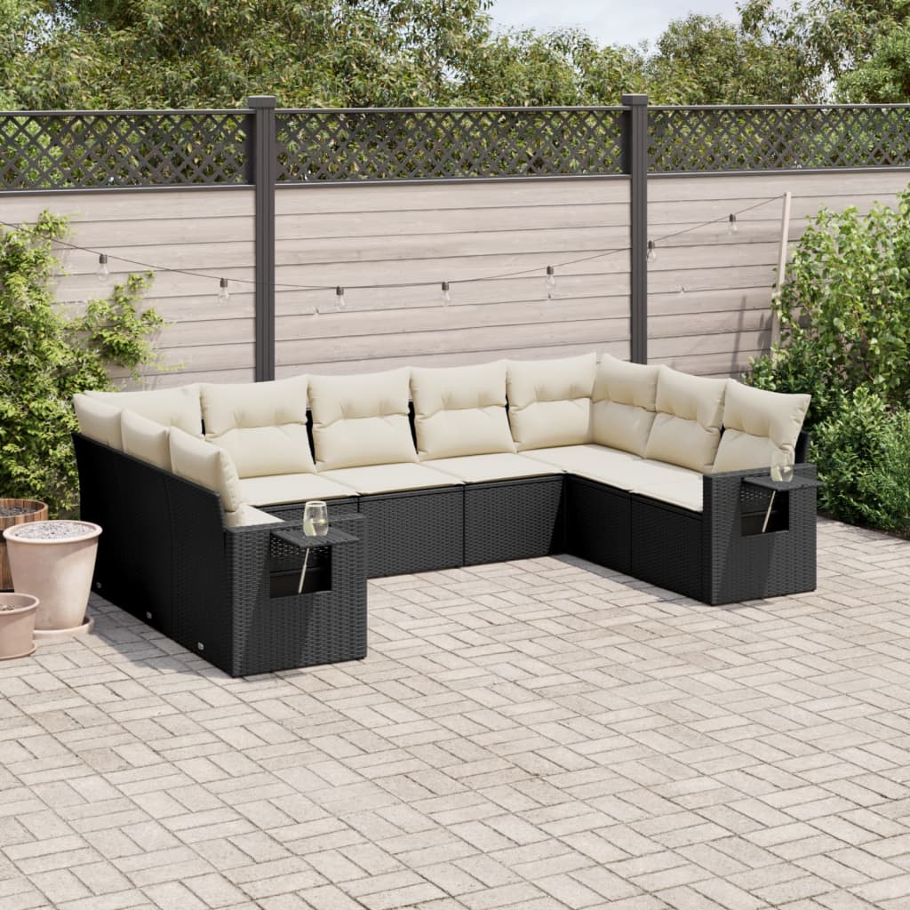 9 Piece Garden Sofa Set with Cushions Black Poly Rattan