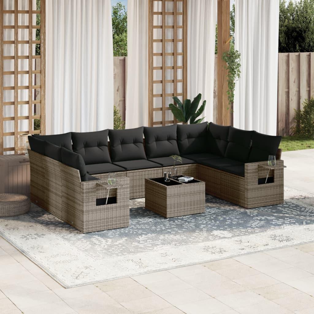 10 Piece Garden Sofa Set with Cushions Grey Poly Rattan