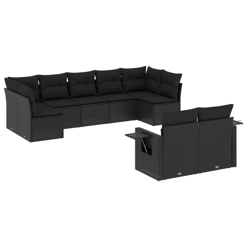 9 Piece Garden Sofa Set with Cushions Black Poly Rattan