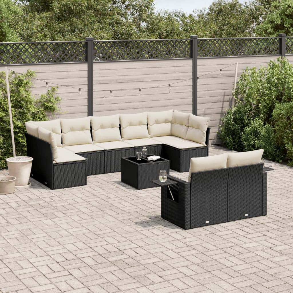 10 Piece Garden Sofa Set with Cushions Black Poly Rattan