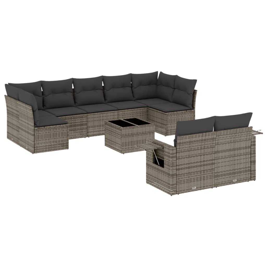 10 Piece Garden Sofa Set with Cushions Grey Poly Rattan