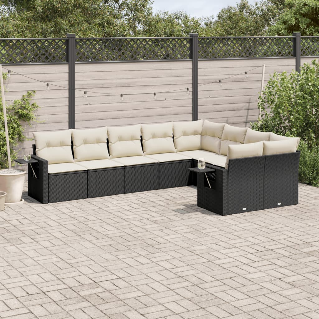 9 Piece Garden Sofa Set with Cushions Black Poly Rattan