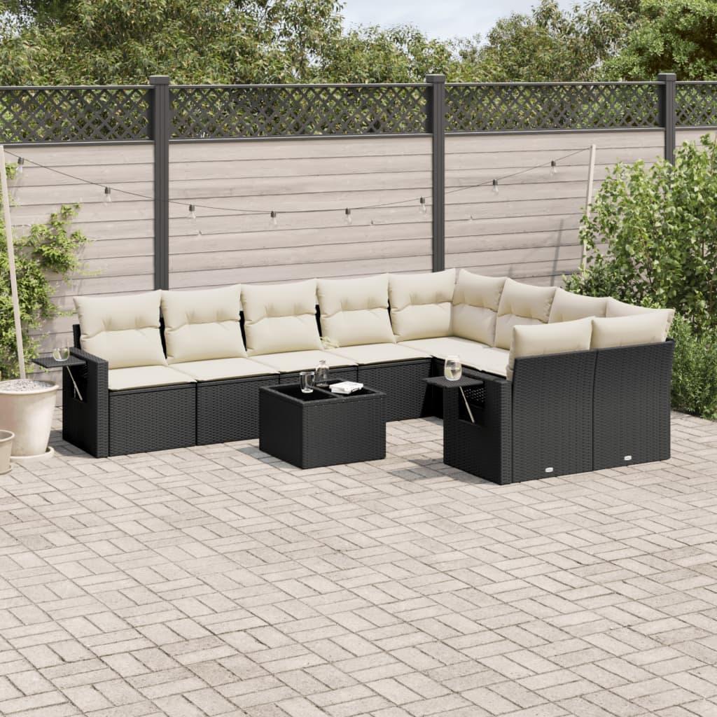 10 Piece Garden Sofa Set with Cushions Black Poly Rattan