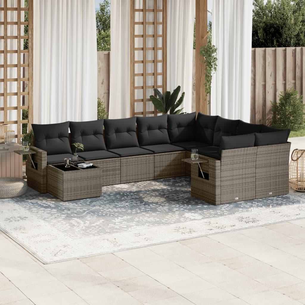 10 Piece Garden Sofa Set with Cushions Grey Poly Rattan