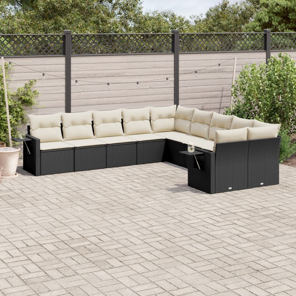 10 Piece Garden Sofa Set with Cushions Black Poly Rattan