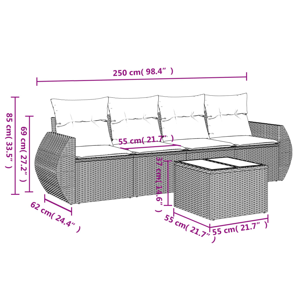 5 Piece Garden Sofa Set with Cushions Black Poly Rattan