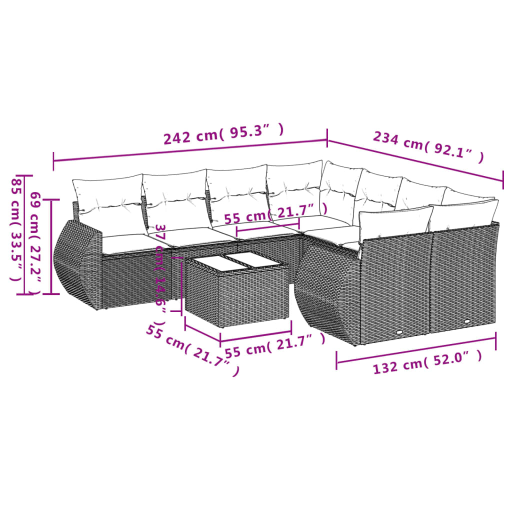 9 Piece Garden Sofa Set with Cushions Black Poly Rattan