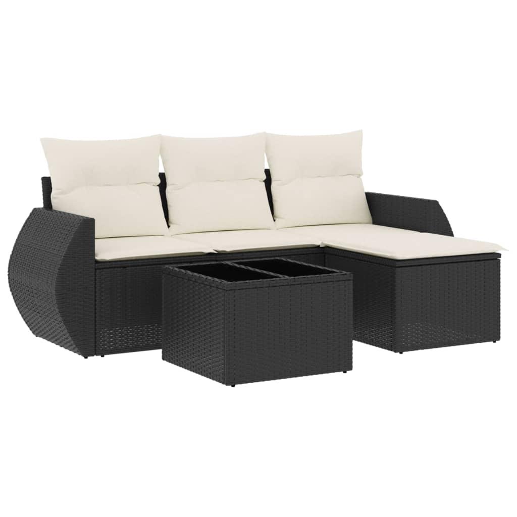 5 Piece Garden Sofa Set with Cushions Black Poly Rattan