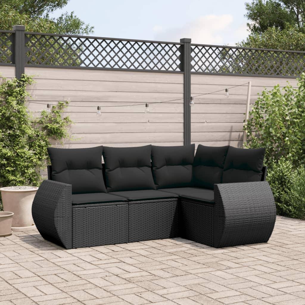 4 Piece Garden Sofa Set with Cushions Black Poly Rattan