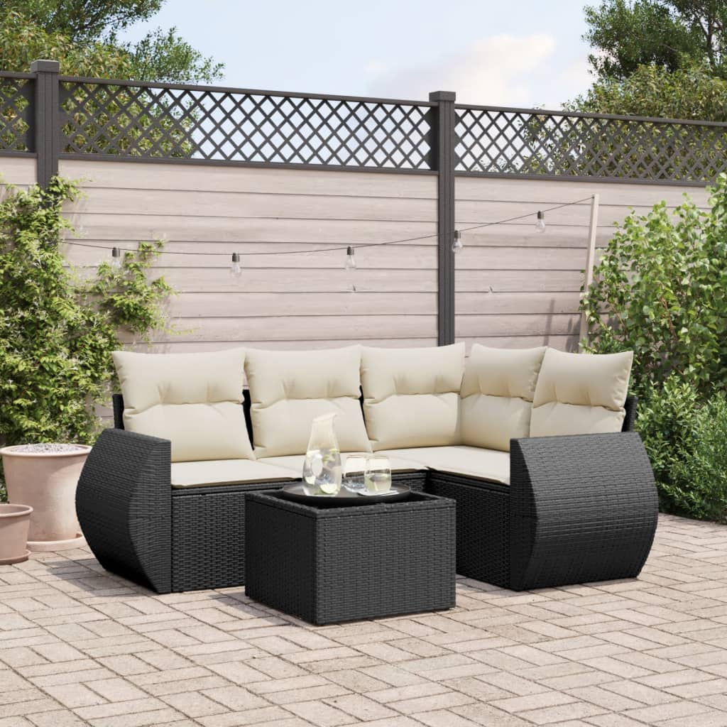 5 Piece Garden Sofa Set with Cushions Black Poly Rattan