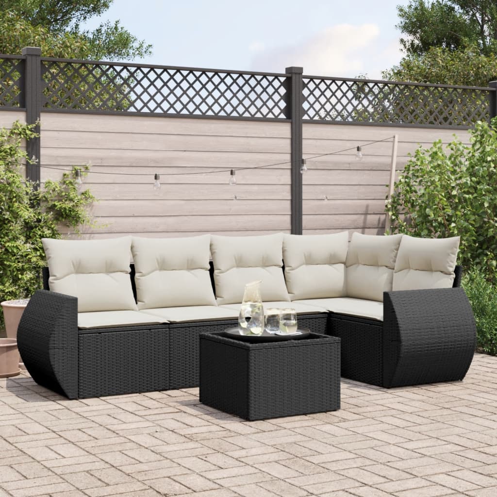 6 Piece Garden Sofa Set with Cushions Black Poly Rattan