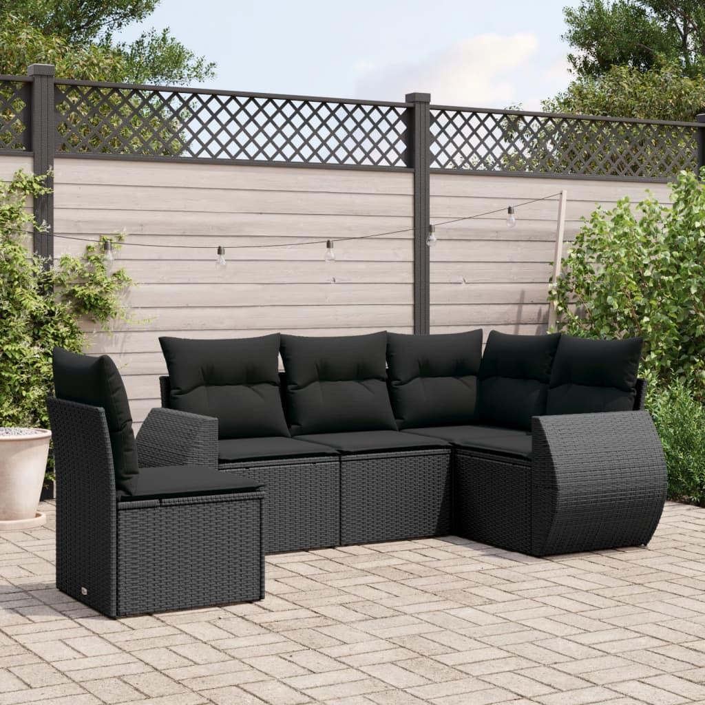 5 Piece Garden Sofa Set with Cushions Black Poly Rattan