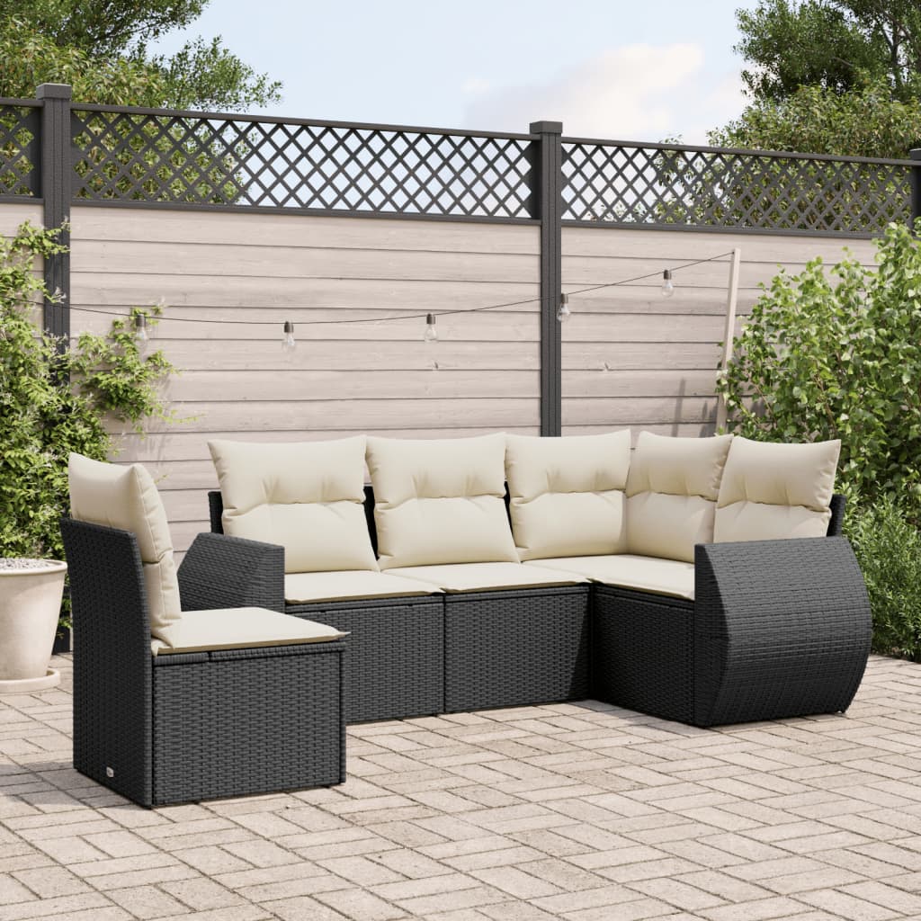 5 Piece Garden Sofa Set with Cushions Black Poly Rattan